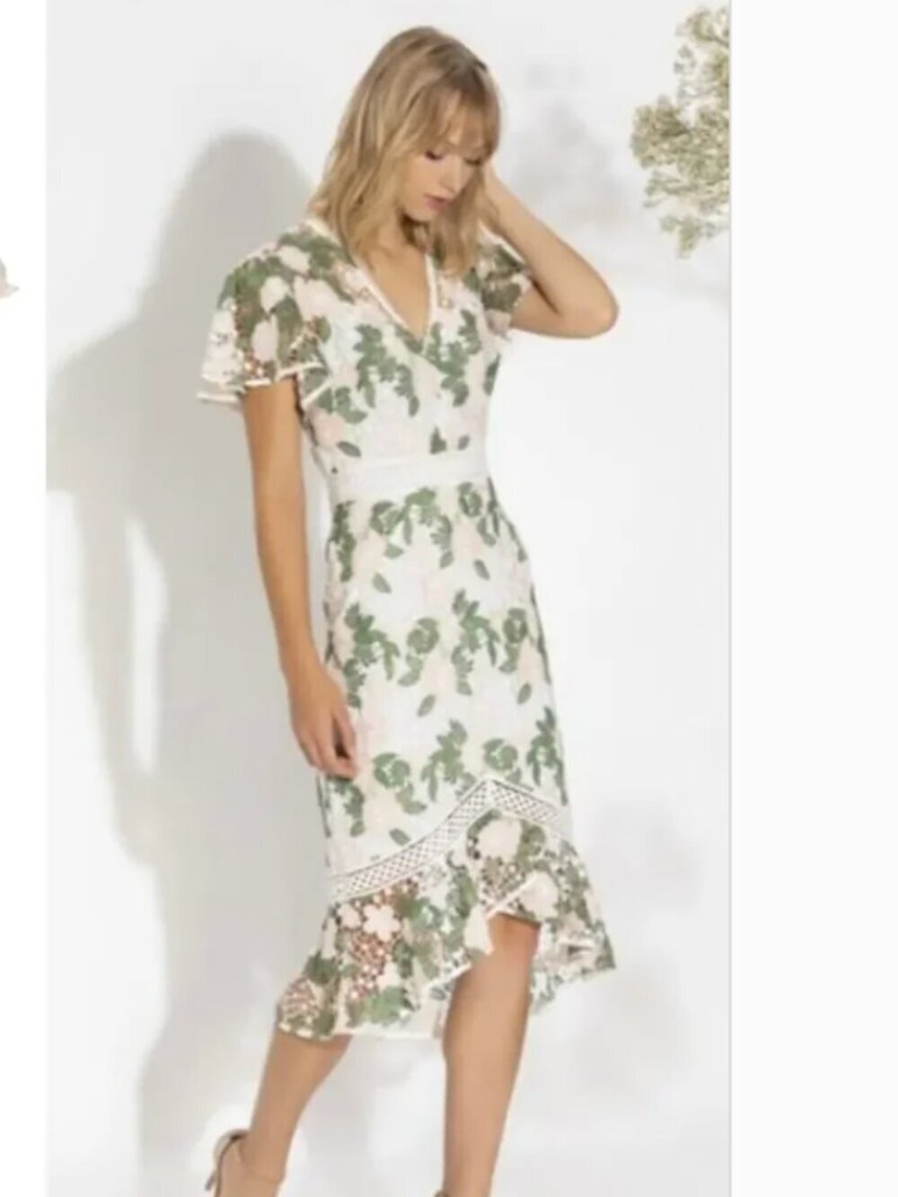 Shoshanna Sinclaire Dress Floral Lace Flutter Sleeve Midi Sheath Green Cream 8